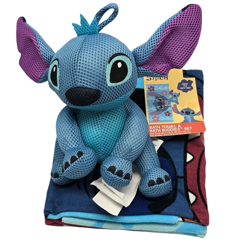 Disney Stitch Bath Towel & Bath‎ Buddies Set Plush Toy Blue Kids
